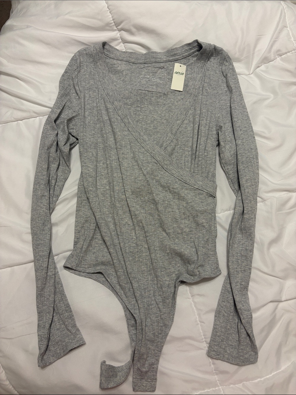 aerie Gray Ribbed Wrap-Front Long-Sleeve Bodysuit